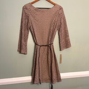 Sharagano Noir Size 8 Brown Crochet Knit Dress with Belt